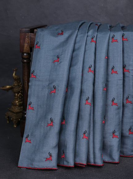 Grey Printed Tussar Silk Embroidery Saree