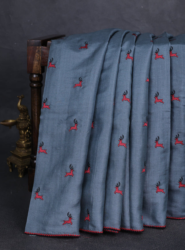 Grey Printed Tussar Silk Embroidery Saree