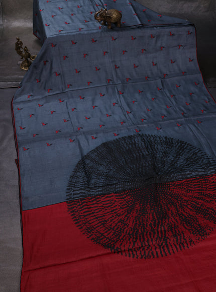 Grey Printed Tussar Silk Embroidery Saree