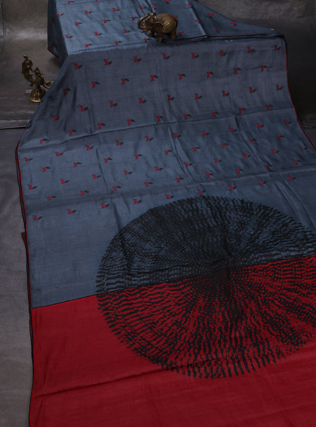 Grey Printed Tussar Silk Embroidery Saree