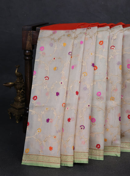Orange - Off White Banarasi Silk Saree