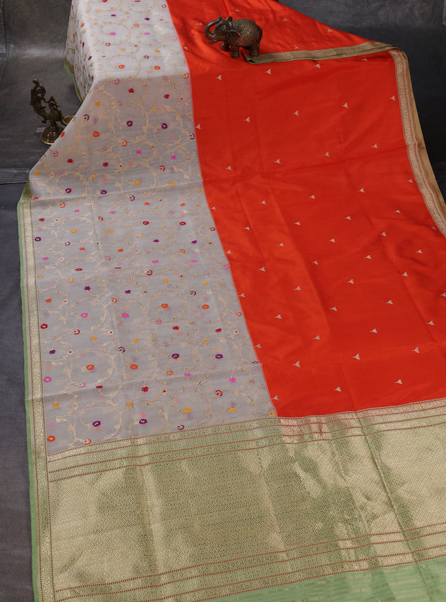 Orange - Off White Banarasi Silk Saree