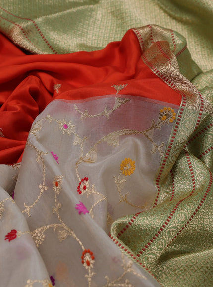 Orange - Off White Banarasi Silk Saree