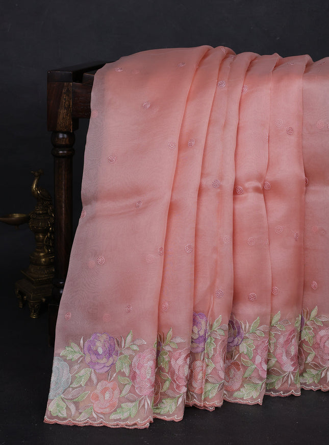 Peach Organza Embroidery Saree