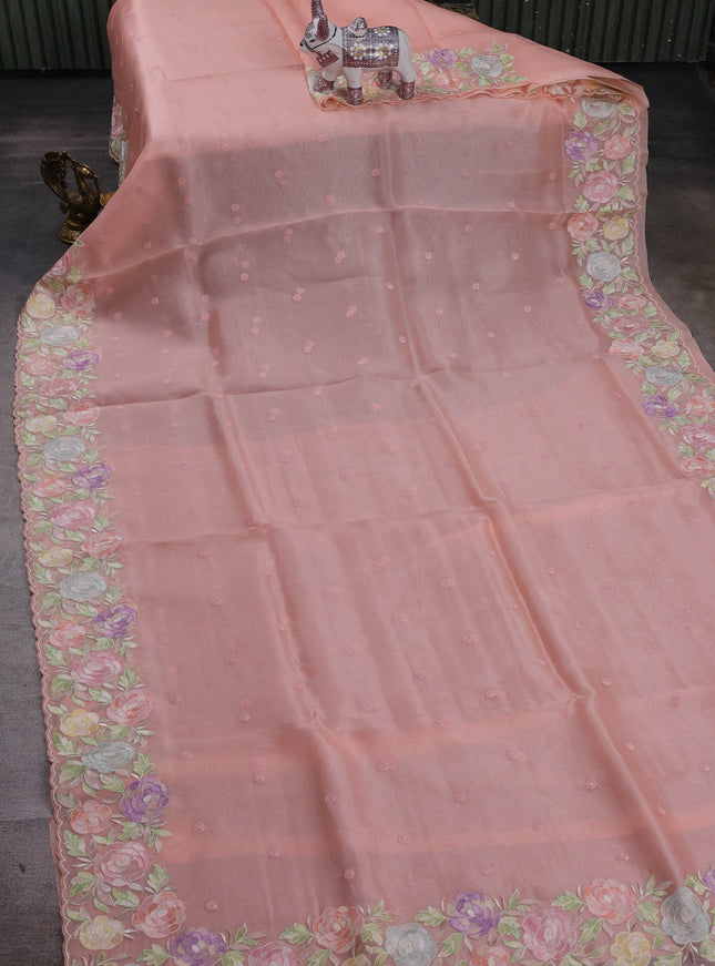 Peach Organza Embroidery Saree