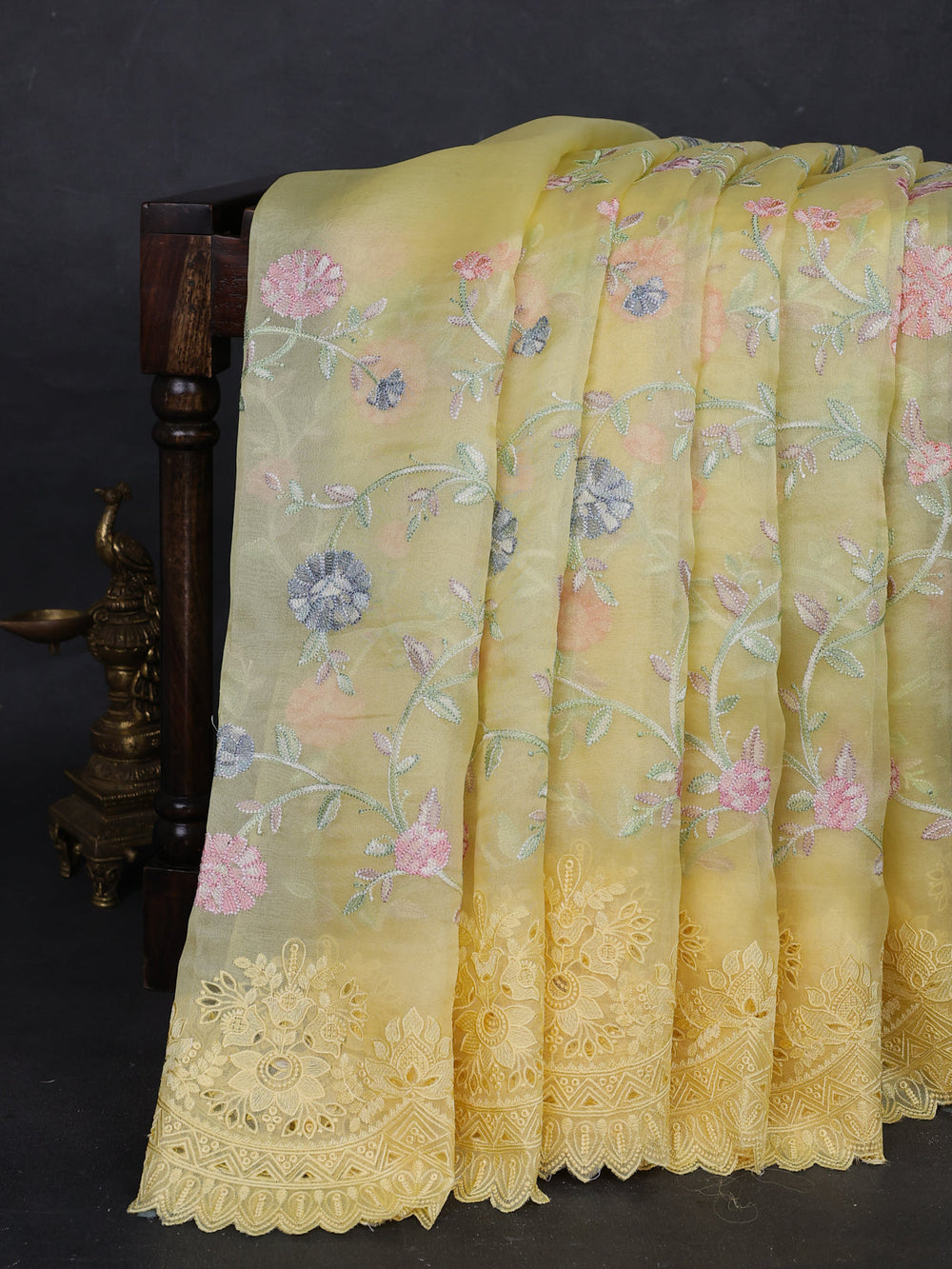 Light Yellow Organza Embroidery Saree