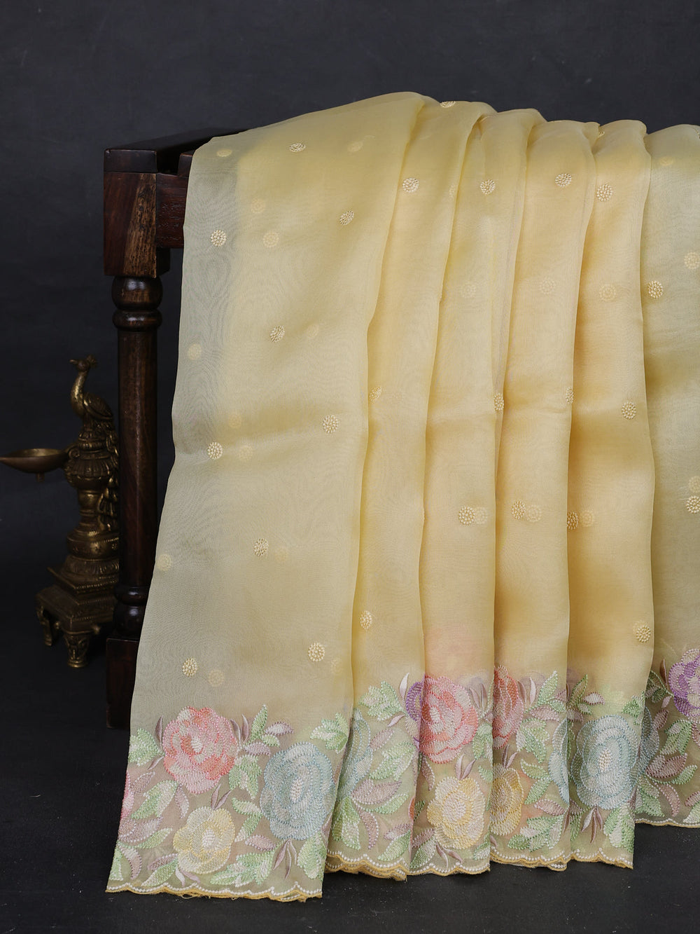 Pale Yellow Organza Embroidery Saree