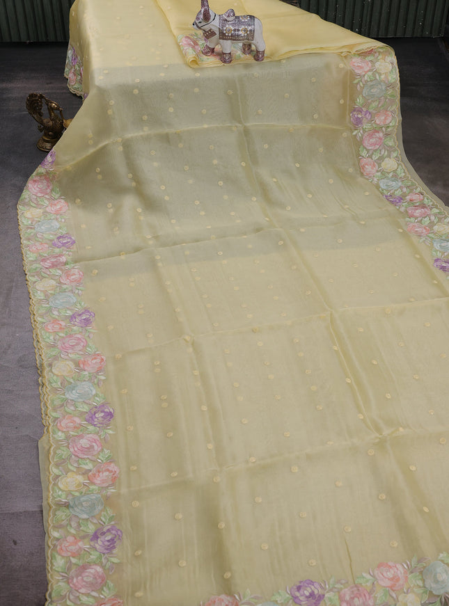Pale Yellow Organza Embroidery Saree