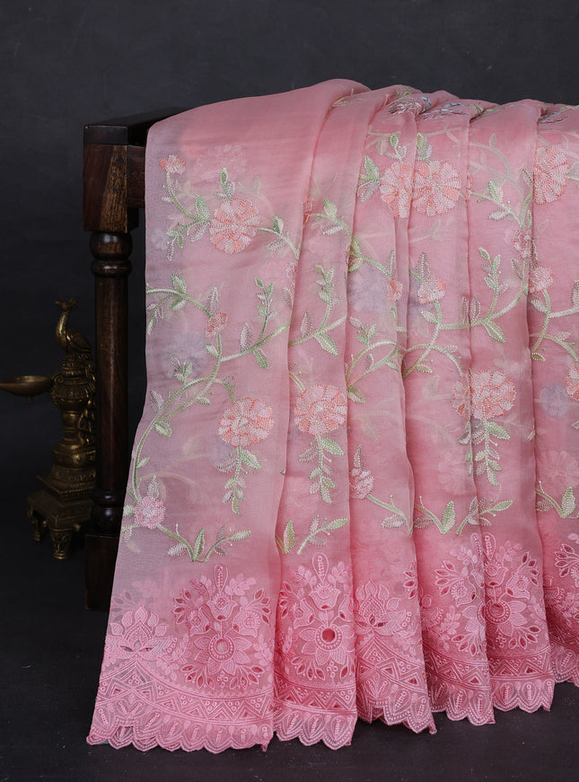 Light Pink Organza Embroidery Saree