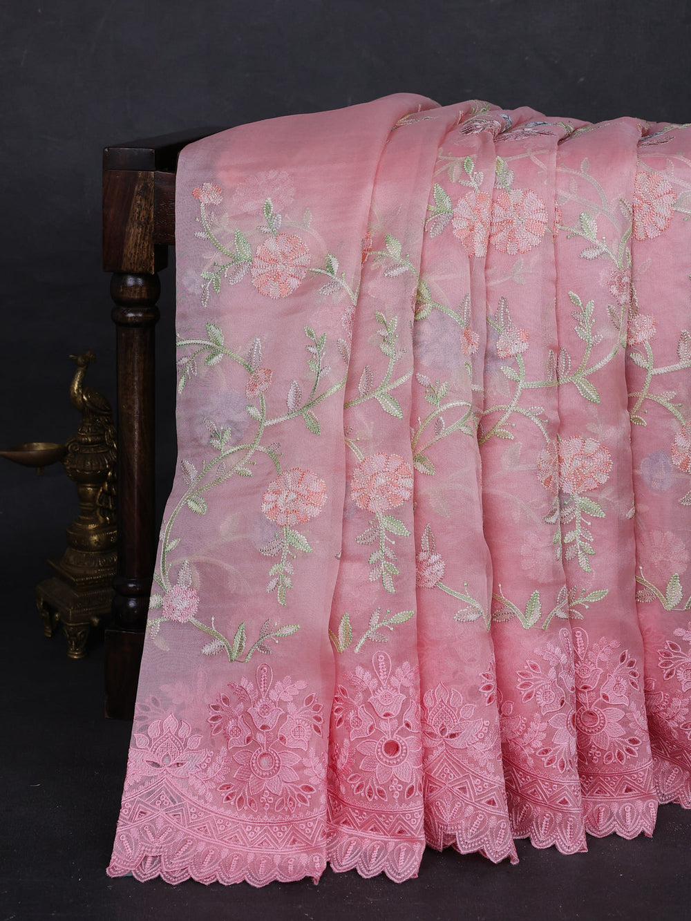Light Pink Organza Embroidery Saree