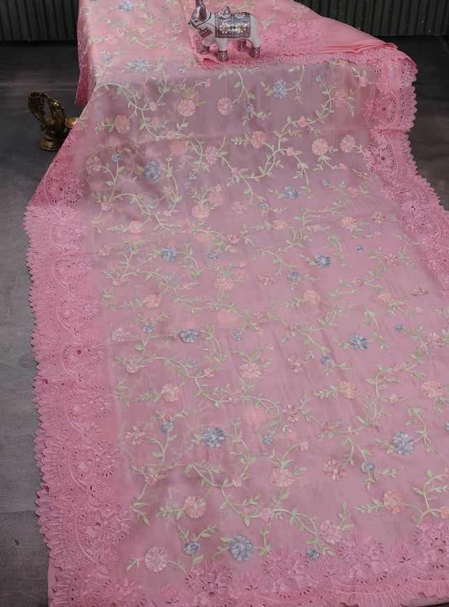 Light Pink Organza Embroidery Saree
