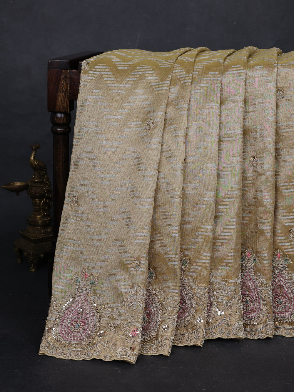 Pastel Yellow Tissue Embroidery Silk Saree