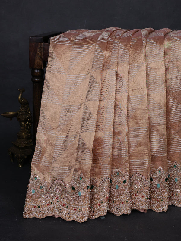 Gold - Pastel Peach Tissue Embroidery Silk Saree