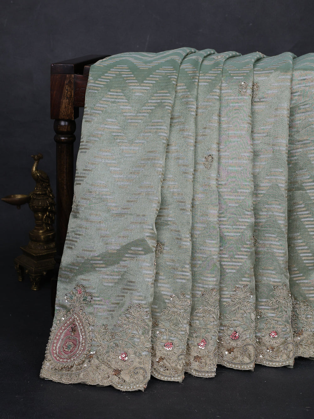 Pastel Green Tissue Embroidery Silk Saree