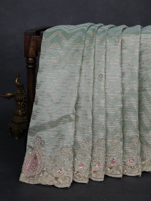 Pastel Green Tissue Embroidery Silk Saree