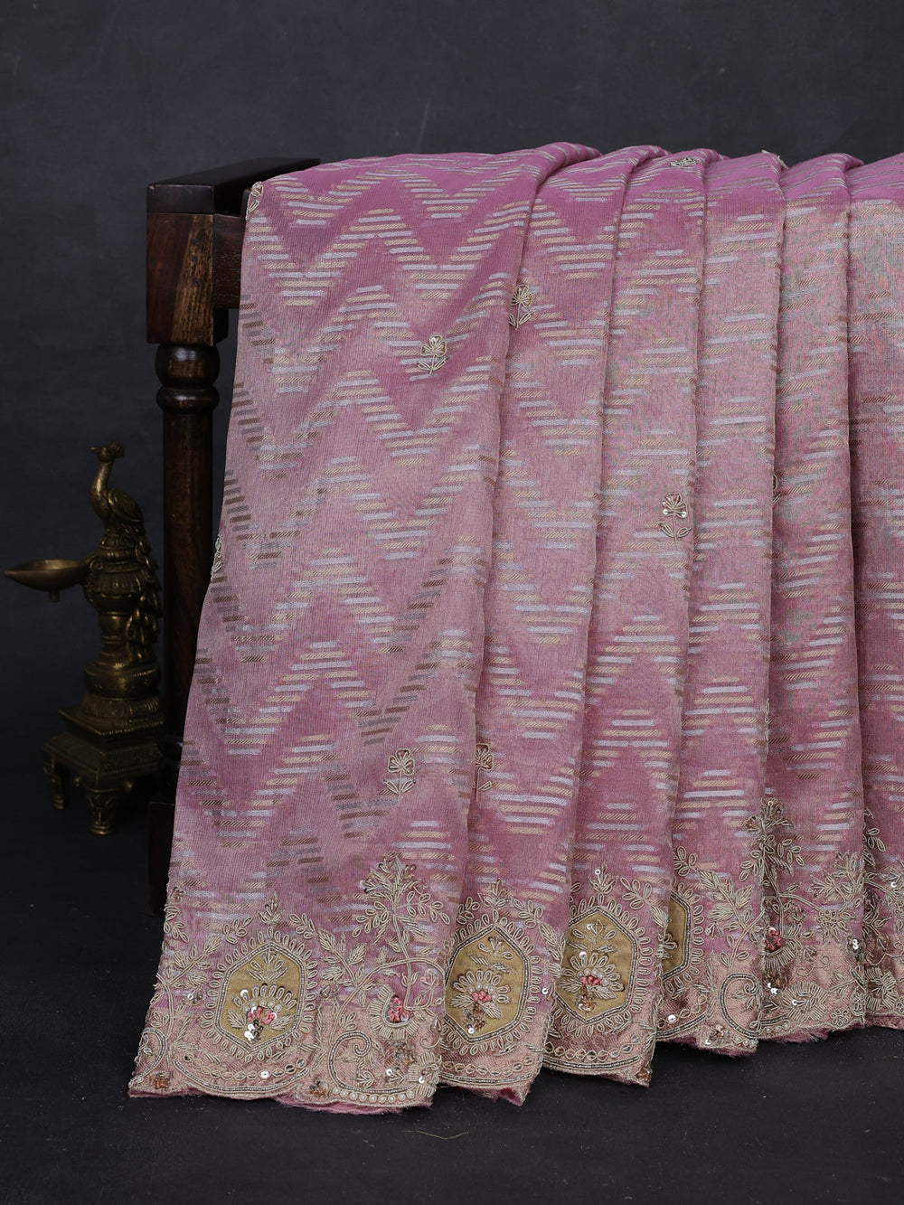 Light Pink Tissue Embroidery Silk Saree