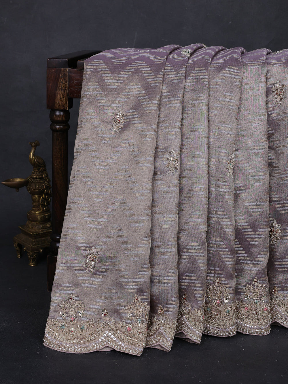 Pastel Lavender Tissue Embroidery Silk Saree