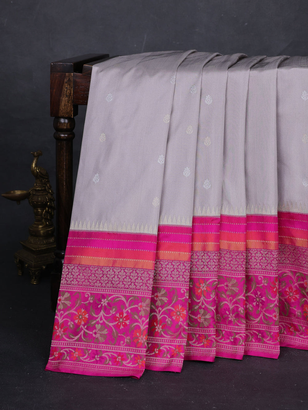 Grey - Rani Pink Banarasi Silk Saree