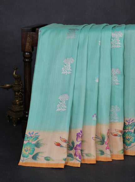 Mint Green - Orange Banarasi Tussar Silk Saree - Hand Painted Pallu & Border