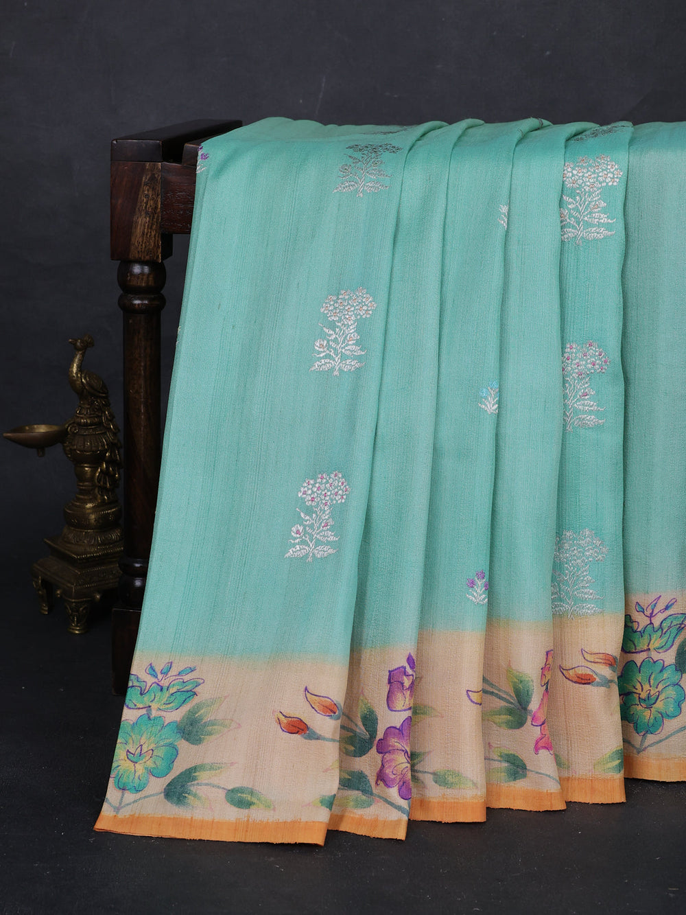 Mint Green - Orange Banarasi Tussar Silk Saree - Hand Painted Pallu & Border