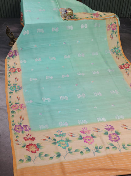 Mint Green - Orange Banarasi Tussar Silk Saree - Hand Painted Pallu & Border