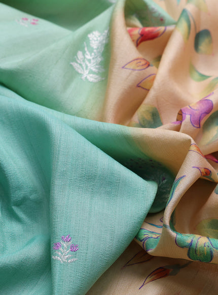 Mint Green - Orange Banarasi Tussar Silk Saree - Hand Painted Pallu & Border