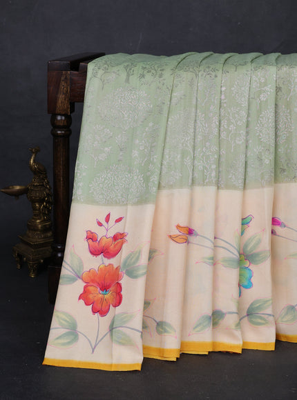 Pista Green - Yellow Banarasi Tussar Silk Saree - Hand Painted Pallu & Border