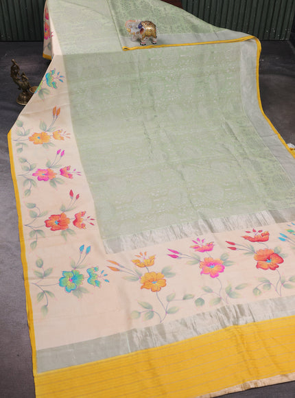 Pista Green - Yellow Banarasi Tussar Silk Saree - Hand Painted Pallu & Border
