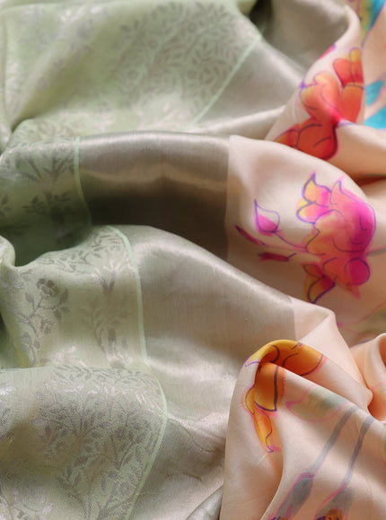 Pista Green - Yellow Banarasi Tussar Silk Saree - Hand Painted Pallu & Border
