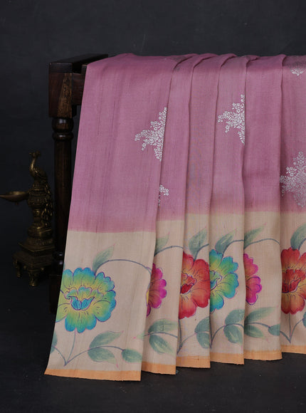 Gajri - Beige Banarasi Tussar Silk Saree - Hand Painted Pallu & Border