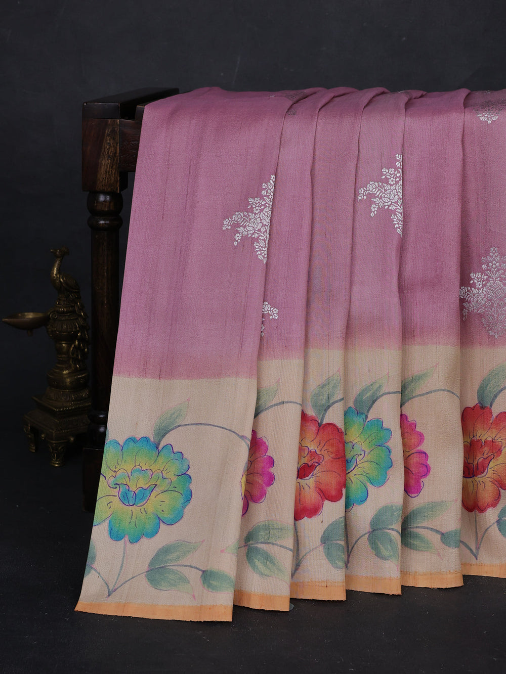 Gajri - Beige Banarasi Tussar Silk Saree - Hand Painted Pallu & Border