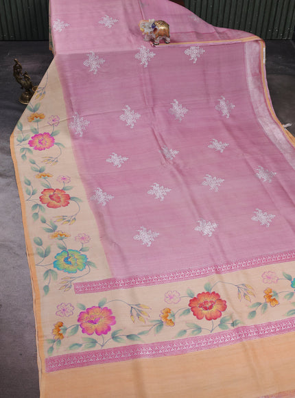 Gajri - Beige Banarasi Tussar Silk Saree - Hand Painted Pallu & Border