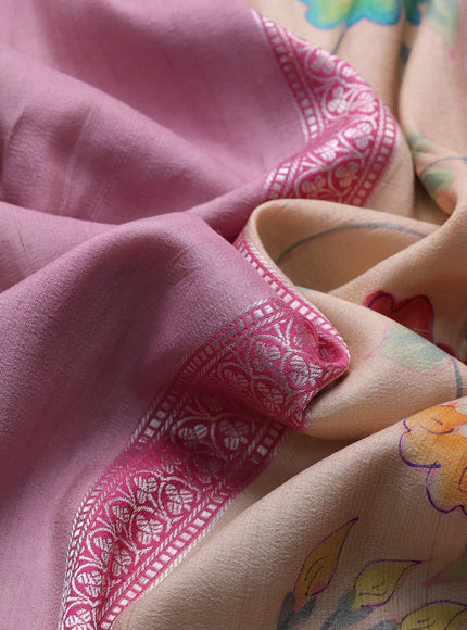 Gajri - Beige Banarasi Tussar Silk Saree - Hand Painted Pallu & Border