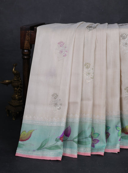 Off White - Teal Banarasi Tussar Silk Saree - Hand Painted Pallu & Border