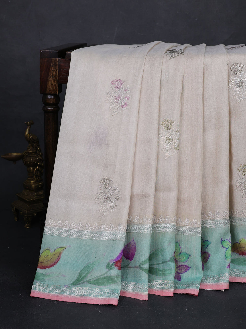 Off White - Teal Banarasi Tussar Silk Saree - Hand Painted Pallu & Border