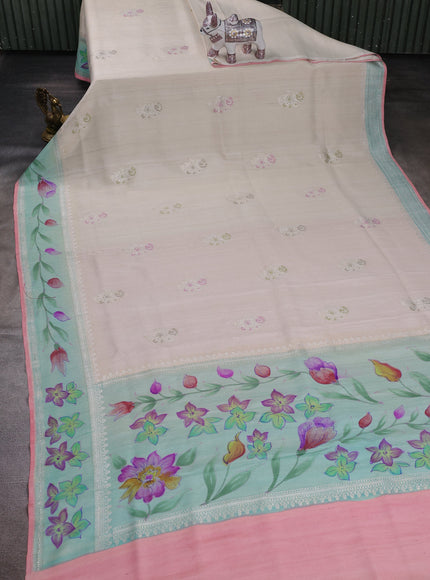 Off White - Teal Banarasi Tussar Silk Saree - Hand Painted Pallu & Border