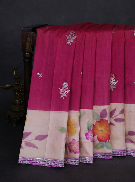 Pink Ombre - Beige Banarasi Tussar Silk Saree - Hand Painted Pallu & Border