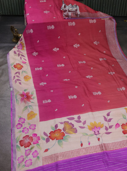 Pink Ombre - Beige Banarasi Tussar Silk Saree - Hand Painted Pallu & Border