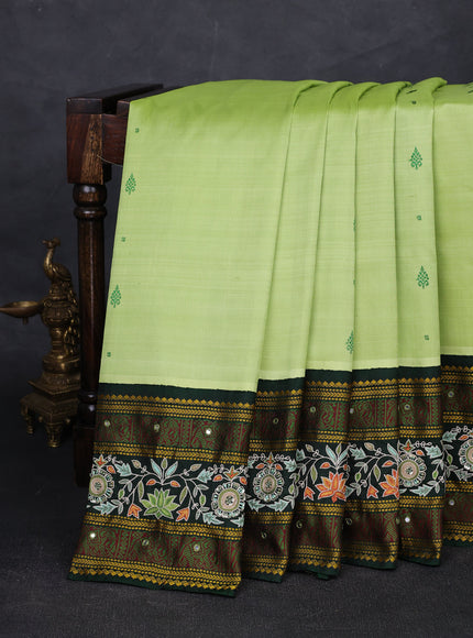 Pista Green - Bottle Green Pure Kanchipuram Silk Embroidery Saree
