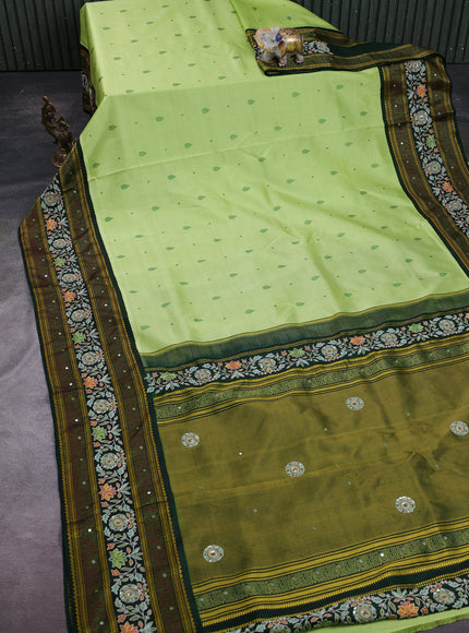 Pista Green - Bottle Green Pure Kanchipuram Silk Embroidery Saree
