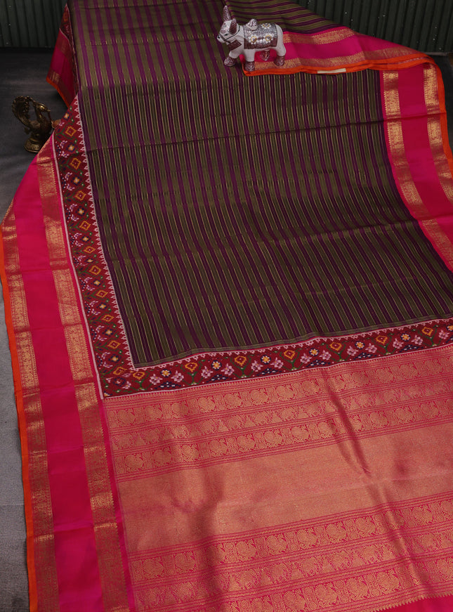 Mehendi Green - Rani Pink Pure Kanchipuram Silk Saree With Patan Patola Border