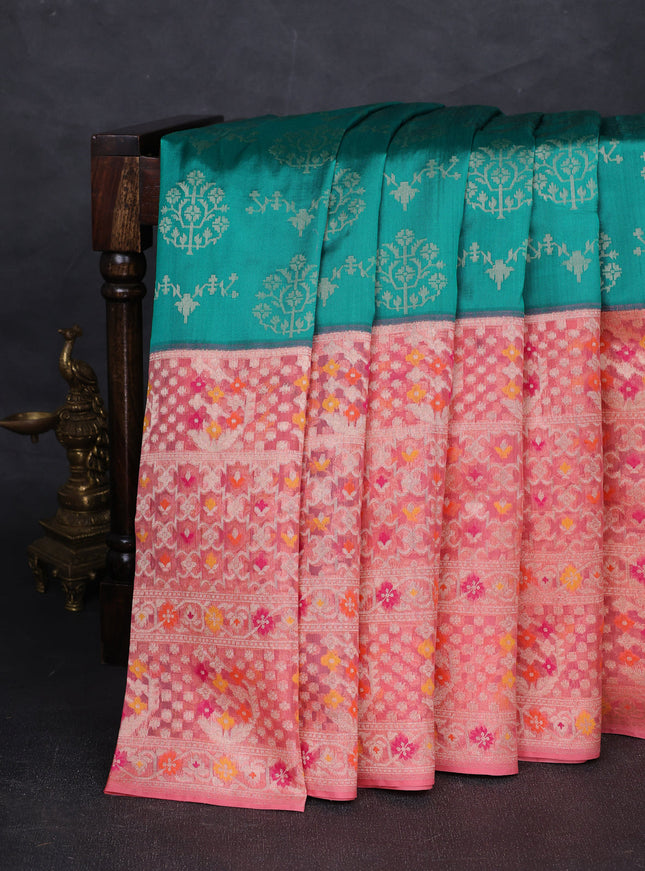Teal Blue - Peach Banarasi Silk Saree