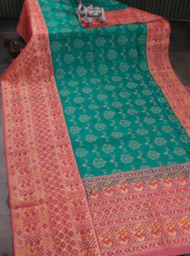 Teal Blue - Peach Banarasi Silk Saree