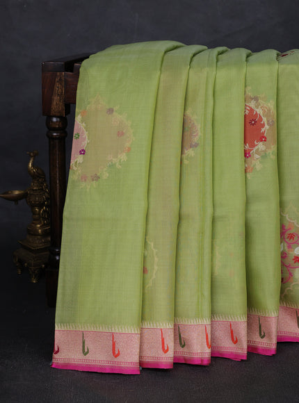 Parrot Green - Pink Banarasi Kora Silk Saree