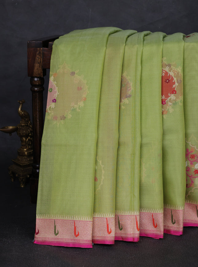 Parrot Green - Pink Banarasi Kora Silk Saree
