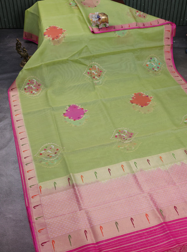 Parrot Green - Pink Banarasi Kora Silk Saree