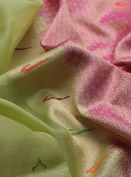 Parrot Green - Pink Banarasi Kora Silk Saree