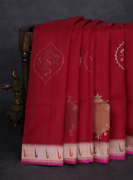 Red - Pink Banarasi Kora Silk Saree