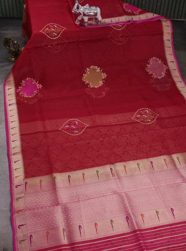 Red - Pink Banarasi Kora Silk Saree