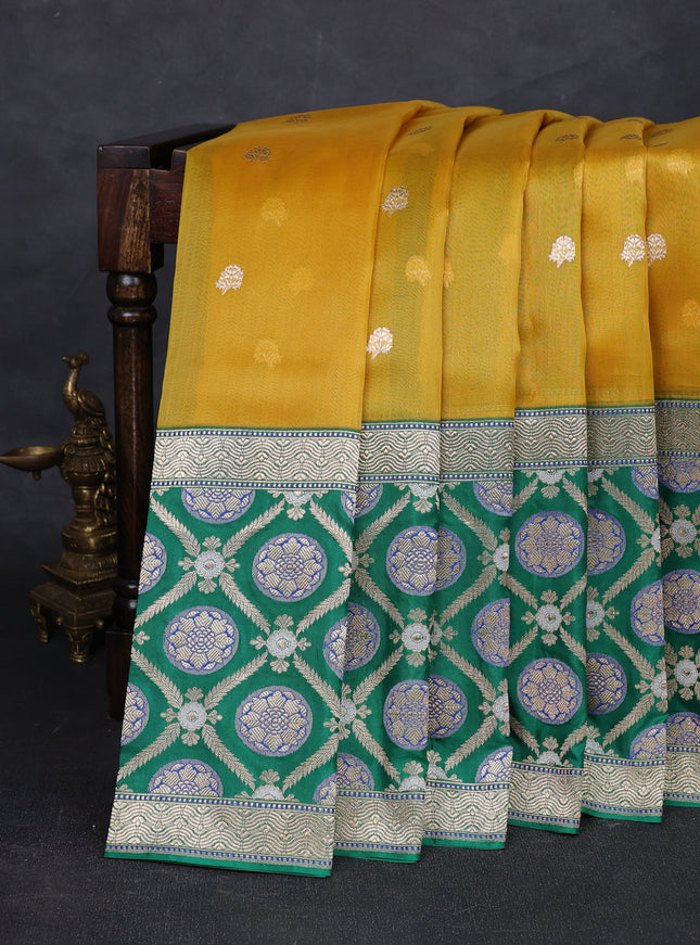 Yellow - Green Banarasi Kora Silk Saree